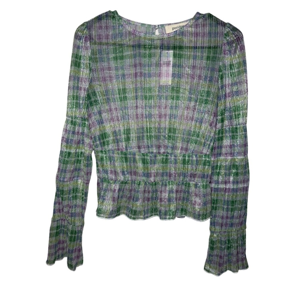 Anthropologie Porridge Blouse Womens XS Plaid Green Purple NWT